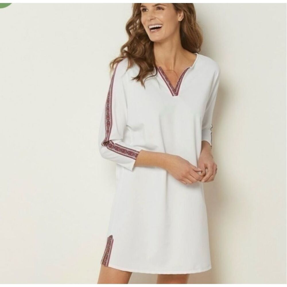 Soft Surroundings Avisa UPF swim coverup white notched neck embellished‎ detail